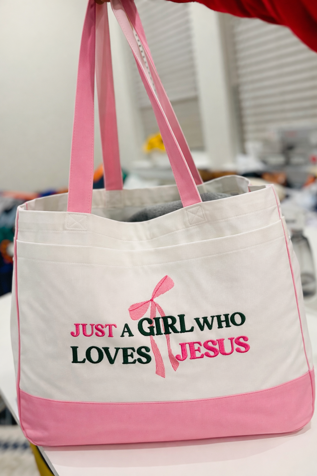 JUST A GIRL WHO LOVES JESUS TOTE BAG
