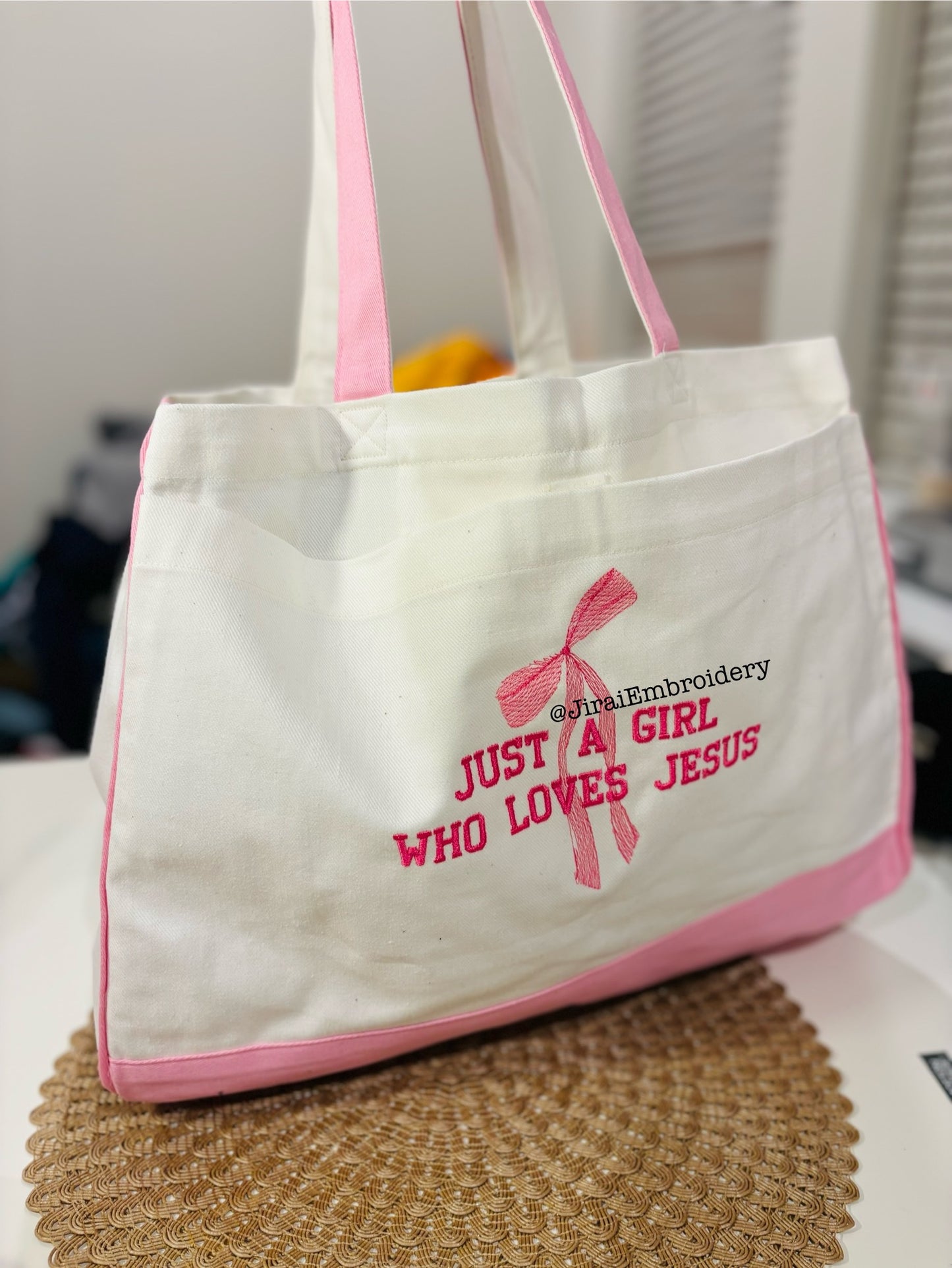 JUST A GIRL WHO LOVES JESUS TOTE BAG
